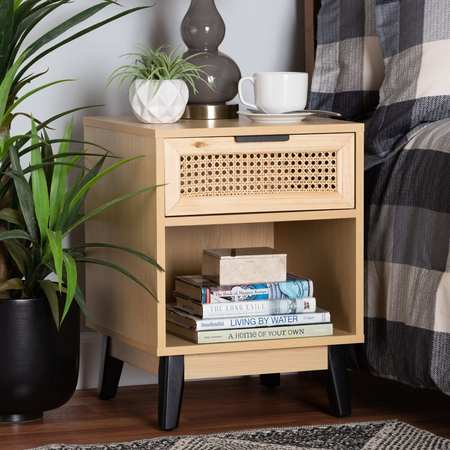 Baxton Studio Dacre Transitional Two-Tone Oak Brown and Black Finished Wood Nightstand with Natural Rattan 206-12093